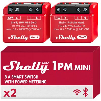 Shelly - 1PM Mini Gen3 8A Smart Relay with Power Measurement, Wi-Fi & Matter- 2-Pack - Red Shelly - 1PM Mini Gen3 8A Smart Relay with Power Measurement, Wi-Fi & Matter- 2-Pack - Red