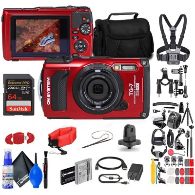 Bundle - OM System - Tough TG-7 Waterproof Camera with 50 Piece Accessory Kit + Extra Battery + More - Red Bundle - OM System - Tough TG-7 Waterproof Camera with 50 Piece Accessory Kit + Extra Battery + More - Red