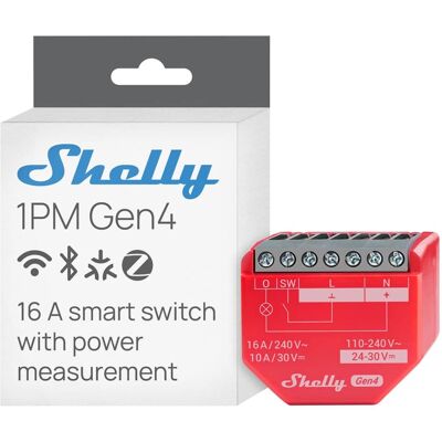 Shelly - 1PM Gen4 16A Smart Relay with Power Measurement (Wi-Fi, Matter & Zigbee) - Red Shelly - 1PM Gen4 16A Smart Relay with Power Measurement (Wi-Fi, Matter & Zigbee) - Red