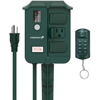 Fosmon - Outdoor Power Stake with 6FT Cord, Remote Outdoor Power Strip Weatherproof 6 Grounded Outlets, Timer & Photocell Sensor - Green Fosmon - Outdoor Power Stake with 6FT Cord, Remote Outdoor Power Strip Weatherproof 6 Grounded Outlets, Timer & Photocell Sensor - Green