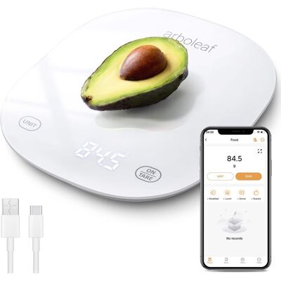 Arboleaf - Smart Food Kitchen Scale with Nutritional Calculator, USB Rechargeable, Grams and Ounces - White Arboleaf - Smart Food Kitchen Scale with Nutritional Calculator, USB Rechargeable, Grams and Ounces - White