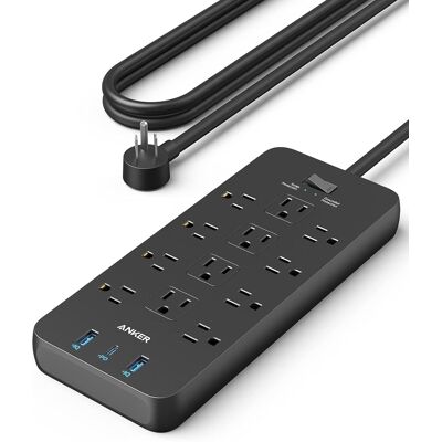 Anker - Power Strip with 2100J Surge Protector, 5ft Extension Cord with Multiple Outlets - Black Anker - Power Strip with 2100J Surge Protector, 5ft Extension Cord with Multiple Outlets - Black