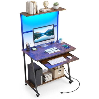 Costway - Rolling Office Desk with Charging Station Lights Hutch Keyboard Tray Bottom Shelf - Rustic Brown Costway - Rolling Office Desk with Charging Station Lights Hutch Keyboard Tray Bottom Shelf - Rustic Brown