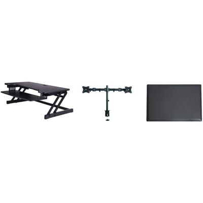 Rocelco - Deluxe Height Adjustable Standing Desk Converter with Dual Monitor Mount and Anti Fatigue Mat BUNDLE, Keyboard Tray - Black Rocelco - Deluxe Height Adjustable Standing Desk Converter with Dual Monitor Mount and Anti Fatigue Mat BUNDLE, Keyboard Tray - Black