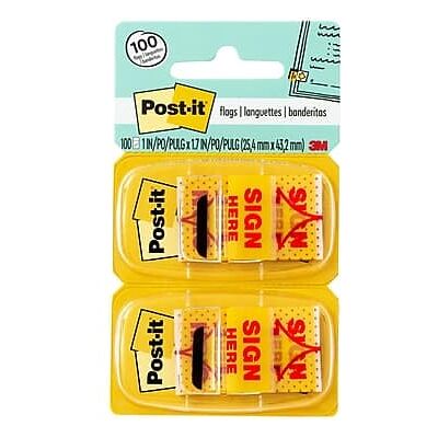 Post-it - Sign Here' Message Flags, 1" Wide, 100 Flags/Pack - Yellow Post-it - Sign Here' Message Flags, 1" Wide, 100 Flags/Pack - Yellow