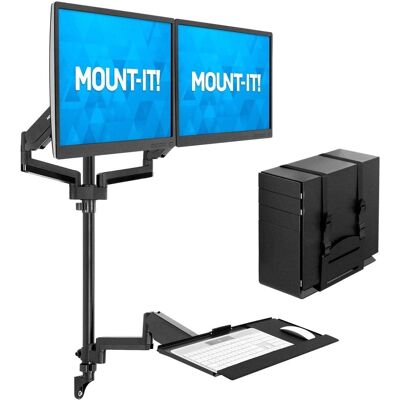 Mount-It! - Dual Monitor Wall Mount Workstation with Height‑Adjustable Arms, Keyboard Tray & CPU Hold - Black Mount-It! - Dual Monitor Wall Mount Workstation with Height‑Adjustable Arms, Keyboard Tray & CPU Hold - Black