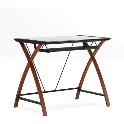 Emma + Oliver - Glass Computer Desk-Pull-Out Keyboard Tray & Crisscross Frame - Clear Top/Cherry Frame Emma + Oliver - Glass Computer Desk-Pull-Out Keyboard Tray & Crisscross Frame - Clear Top/Cherry Frame