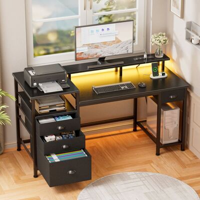Furnulem - Gaming Desk with LED Lights Power Outlets Monitor Stand Home Office Desk with 3 Fabric Drawers 1 File Cabinet - Black Furnulem - Gaming Desk with LED Lights Power Outlets Monitor Stand Home Office Desk with 3 Fabric Drawers 1 File Cabinet - Black