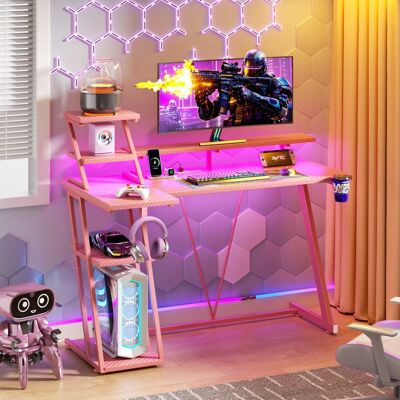 Furnulem - 39 In Gaming Desk with Monitor stand CPU Stand Power Outlet RGB LED Lights Cup Holder Headphone Hook - Pink Furnulem - 39 In Gaming Desk with Monitor stand CPU Stand Power Outlet RGB LED Lights Cup Holder Headphone Hook - Pink