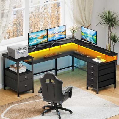 Furnulem - 66 In LShaped Gaming Desk with LED Lights Power Outlets Monitor Stand 6 Fabric Storage Cabinets for Home Office - Black Furnulem - 66 In LShaped Gaming Desk with LED Lights Power Outlets Monitor Stand 6 Fabric Storage Cabinets for Home Office - Black