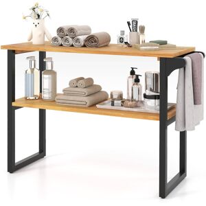 Gymax - 2-Tier Bathroom Shelf w/Towel Rack Solid Teak Wood Freestanding Storage Shelves - Natural Gymax - 2-Tier Bathroom Shelf w/Towel Rack Solid Teak Wood Freestanding Storage Shelves - Natural
