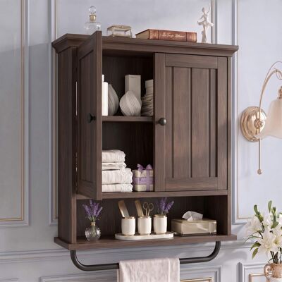 Aheaplus - Wall Mounted Bathroom Cabinet, 2 Door Medicine Cabinet with Adjustable Shelves and Towel Bar - Walnut Aheaplus - Wall Mounted Bathroom Cabinet, 2 Door Medicine Cabinet with Adjustable Shelves and Towel Bar - Walnut