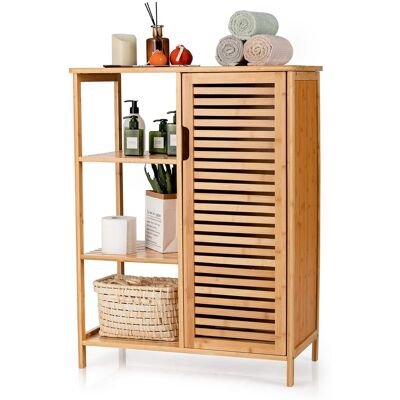 Costway - Bathroom Cabinet Bamboo Storage Floor Cabinet w/ Single Door & 3 Open Shelves - Natural Costway - Bathroom Cabinet Bamboo Storage Floor Cabinet w/ Single Door & 3 Open Shelves - Natural