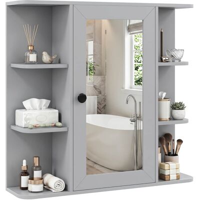 Costway - Wall Mounted Bathroom Medicine Cabinet with Mirror & Shelves, 3 Inner Shelves - Gray Costway - Wall Mounted Bathroom Medicine Cabinet with Mirror & Shelves, 3 Inner Shelves - Gray