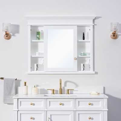 WELLFOR - 40-Inch W x 32-Inch H Recessed Solid Rubberwood Medicine Cabinet with Single Mirrored Door - White WELLFOR - 40-Inch W x 32-Inch H Recessed Solid Rubberwood Medicine Cabinet with Single Mirrored Door - White