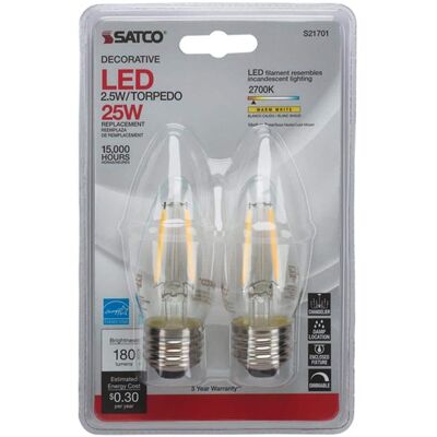 SATCO - B11 E26 (Medium) Filament LED Bulb Warm White 25 Watt Equivalence 2 pk SATCO - B11 E26 (Medium) Filament LED Bulb Warm White 25 Watt Equivalence 2 pk