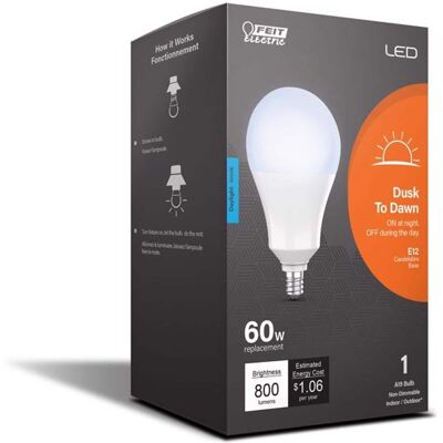 FEIT ELECTRIC - Feit A19 E12 (Candelabra) LED Dusk to Dawn Bulb Daylight 60 Watt Equivalence 1 pk FEIT ELECTRIC - Feit A19 E12 (Candelabra) LED Dusk to Dawn Bulb Daylight 60 Watt Equivalence 1 pk