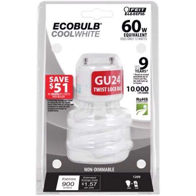 FEIT ELECTRIC - Feit Ecobulb 13 W G25 2.09 in. D X 3.66 in. L CFL Bulb Soft White Spiral 2700 K 1 pk FEIT ELECTRIC - Feit Ecobulb 13 W G25 2.09 in. D X 3.66 in. L CFL Bulb Soft White Spiral 2700 K 1 pk