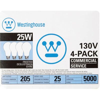 Westinghouse - 25 W A19 A-Line Incandescent Bulb E26 (Medium) White 4 pk Westinghouse - 25 W A19 A-Line Incandescent Bulb E26 (Medium) White 4 pk