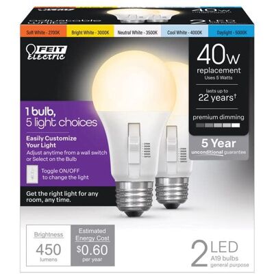 FEIT ELECTRIC - A19 E26 (Medium) LED Bulb Color Changing 40 Watt Equivalence 2 pk FEIT ELECTRIC - A19 E26 (Medium) LED Bulb Color Changing 40 Watt Equivalence 2 pk