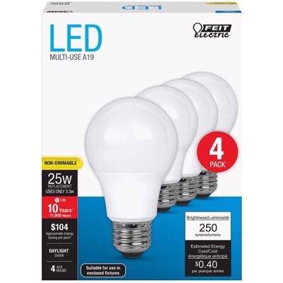 FEIT ELECTRIC - Feit A19 E26 (Medium) LED Bulb Daylight 25 Watt Equivalence 4 pk FEIT ELECTRIC - Feit A19 E26 (Medium) LED Bulb Daylight 25 Watt Equivalence 4 pk