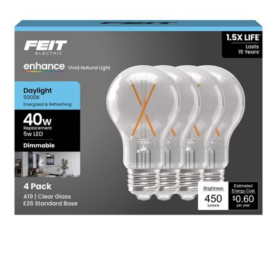FEIT ELECTRIC - Feit Enhance A19 E26 (Medium) Filament LED Bulb Daylight 40 Watt Equivalence 4 pk FEIT ELECTRIC - Feit Enhance A19 E26 (Medium) Filament LED Bulb Daylight 40 Watt Equivalence 4 pk