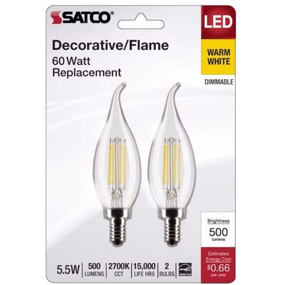SATCO - CA10 (Flame Tip) E12 (Candelabra) Filament LED Bulb Warm White 60 Watt Equivalence 2 pk SATCO - CA10 (Flame Tip) E12 (Candelabra) Filament LED Bulb Warm White 60 Watt Equivalence 2 pk
