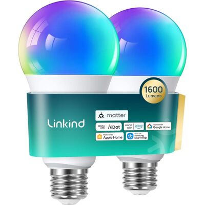 Linkind - A21 Smart LED Bulb, Matter Compatible, 1600lm Color Changing (2 Pack) - Multicolor Linkind - A21 Smart LED Bulb, Matter Compatible, 1600lm Color Changing (2 Pack) - Multicolor