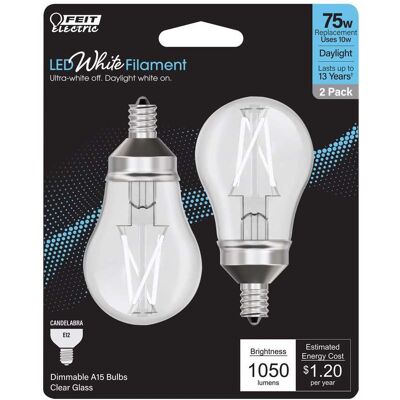 FEIT ELECTRIC - Feit White A15 E12 (Candelabra) Filament LED Bulb Daylight 75 Watt Equivalence 2 pk FEIT ELECTRIC - Feit White A15 E12 (Candelabra) Filament LED Bulb Daylight 75 Watt Equivalence 2 pk