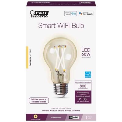 FEIT ELECTRIC - A19 E26 (Medium) LED Smart Bulb Soft White 60 Watt Equivalence 1 pk FEIT ELECTRIC - A19 E26 (Medium) LED Smart Bulb Soft White 60 Watt Equivalence 1 pk