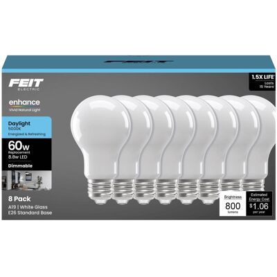 FEIT ELECTRIC - Feit A19 E26 (Medium) LED Bulb Daylight 60 Watt Equivalence 8 pk FEIT ELECTRIC - Feit A19 E26 (Medium) LED Bulb Daylight 60 Watt Equivalence 8 pk