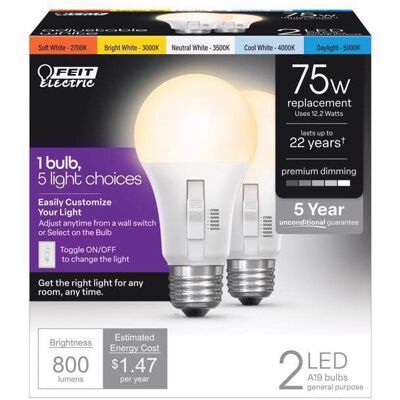 FEIT ELECTRIC - A19 E26 (Medium) LED Light Bulb Tunable White/Color Changing 75 Watt Equivalence 2 pk FEIT ELECTRIC - A19 E26 (Medium) LED Light Bulb Tunable White/Color Changing 75 Watt Equivalence 2 pk