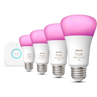 Philips - Hue 75W A19 Smart Bulb Starter Kit (4‑Pack) – White & Color Ambiance + Hue Bridge - White and Color Ambiance Philips - Hue 75W A19 Smart Bulb Starter Kit (4‑Pack) – White & Color Ambiance + Hue Bridge - White and Color Ambiance