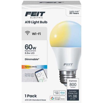 FEIT ELECTRIC - Feit A19 E26 (Medium) Smart-Enabled LED Bulb Adjustable White 60 Watt Equivalence 1 pk FEIT ELECTRIC - Feit A19 E26 (Medium) Smart-Enabled LED Bulb Adjustable White 60 Watt Equivalence 1 pk