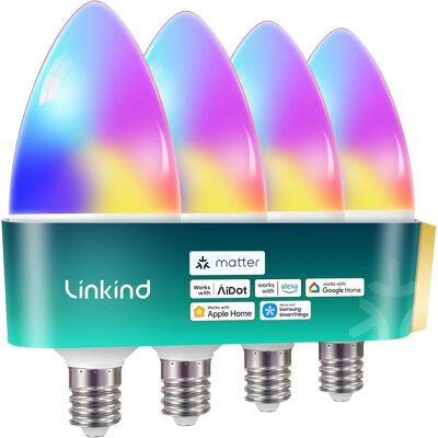 Linkind - B11 Smart LED Bulb, Matter Compatible, Color Changing, E12 Base (4 Pack) - Multicolor Linkind - B11 Smart LED Bulb, Matter Compatible, Color Changing, E12 Base (4 Pack) - Multicolor