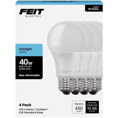 FEIT ELECTRIC - A19 E26 (Medium) LED Bulb Daylight 40 Watt Equivalence 4 pk FEIT ELECTRIC - A19 E26 (Medium) LED Bulb Daylight 40 Watt Equivalence 4 pk