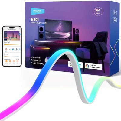 Neewer - 10ft Front-Lit Smart Neon LED Strip - App Controlled RGB Cuttable Rope Light for Room Decor Neewer - 10ft Front-Lit Smart Neon LED Strip - App Controlled RGB Cuttable Rope Light for Room Decor