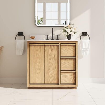 WELLFOR - 36 in Soild Wood Bathroom Vanity with Undermount Sink ,3 Soft-Close Drawers & 2 Soft-Close Doors - Oak WELLFOR - 36 in Soild Wood Bathroom Vanity with Undermount Sink ,3 Soft-Close Drawers & 2 Soft-Close Doors - Oak