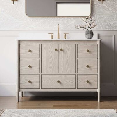 WELLFOR - ETHAN 48 in. Solid Wood Bath Vanity with Quartz Top, Single Sink, Soft Close, Assembled - OAK WELLFOR - ETHAN 48 in. Solid Wood Bath Vanity with Quartz Top, Single Sink, Soft Close, Assembled - OAK
