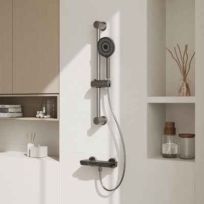 Famapy - Adjustable Shower System with 2-Function Piano Button Control, Height Adjustable Handheld Shower Set - Gunmetal Gray Famapy - Adjustable Shower System with 2-Function Piano Button Control, Height Adjustable Handheld Shower Set - Gunmetal Gray