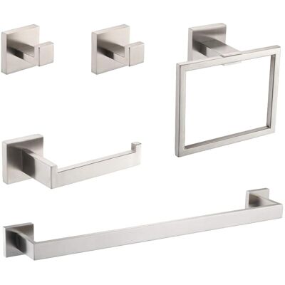 JUJABU - 5-Piece Bathroom Set Towel Bar + Ring + Hooks + TP Holder - Brushed Nickel JUJABU - 5-Piece Bathroom Set Towel Bar + Ring + Hooks + TP Holder - Brushed Nickel
