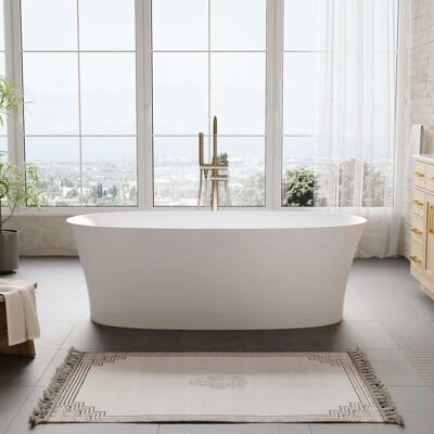 WELLFOR - SOLUX 30.71 in x 66.93 in Matte Solid Surface Oval Freestanding Soaking Bathtub with Drain ( Reversible Drain ) - White WELLFOR - SOLUX 30.71 in x 66.93 in Matte Solid Surface Oval Freestanding Soaking Bathtub with Drain ( Reversible Drain ) - White
