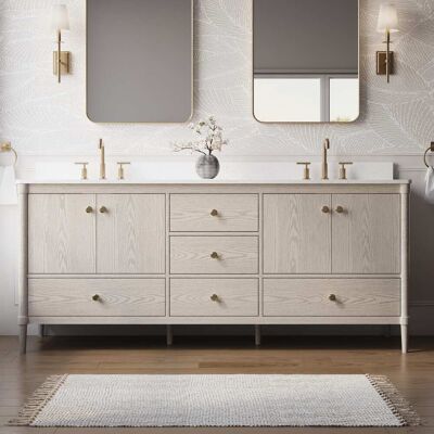 WELLFOR - ETHAN 80 in. Solid Wood Bath Vanity with Quartz Top, Double Sink, Soft Close, Assembled - OAK WELLFOR - ETHAN 80 in. Solid Wood Bath Vanity with Quartz Top, Double Sink, Soft Close, Assembled - OAK