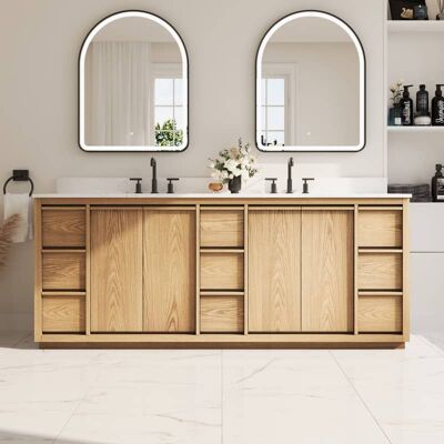 WELLFOR - 84 in Soild Wood Bathroom Vanity with Double Undermount Sink ,9 Soft-Close Drawers & 4 Soft-Close Doors - Oak WELLFOR - 84 in Soild Wood Bathroom Vanity with Double Undermount Sink ,9 Soft-Close Drawers & 4 Soft-Close Doors - Oak