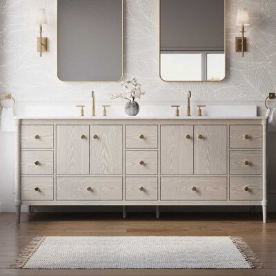 WELLFOR - ETHAN 84 in. Solid Wood Bath Vanity with Quartz Top, Double Sink, Soft Close, Assembled - OAK WELLFOR - ETHAN 84 in. Solid Wood Bath Vanity with Quartz Top, Double Sink, Soft Close, Assembled - OAK