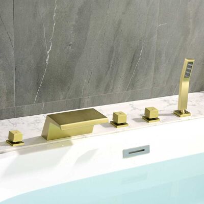 Boyel Living - Polygonal Cold and Hot Water Bathtub Faucet with Handheld Shower Waterfall Outlet Five Hole Installation - Brushed Gold Boyel Living - Polygonal Cold and Hot Water Bathtub Faucet with Handheld Shower Waterfall Outlet Five Hole Installation - Brushed Gold