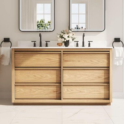 WELLFOR - 60 in Soild Wood Bathroom Vanity with Double Undermount Sink ,6 Soft-Close Drawers - Oak WELLFOR - 60 in Soild Wood Bathroom Vanity with Double Undermount Sink ,6 Soft-Close Drawers - Oak