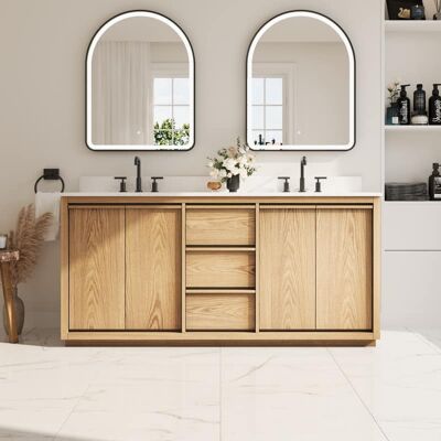 WELLFOR - 72 in Soild Wood Bathroom Vanity with Double Undermount Sink ,3 Soft-Close Drawers & 4 Soft-Close Doors - Oak WELLFOR - 72 in Soild Wood Bathroom Vanity with Double Undermount Sink ,3 Soft-Close Drawers & 4 Soft-Close Doors - Oak