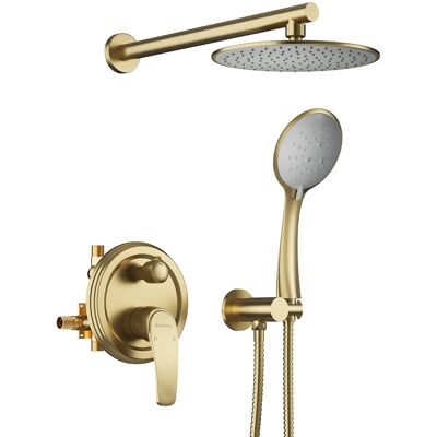 Boyel Living - 5-Spray 9 in. Wall Mount Fixed and Handheld Shower Head 2.4 GPM with cUPC Pressure Balance Valve - Brushed Gold Boyel Living - 5-Spray 9 in. Wall Mount Fixed and Handheld Shower Head 2.4 GPM with cUPC Pressure Balance Valve - Brushed Gold
