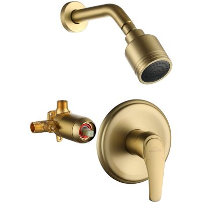 Boyel Living - 1-Spray Patterns with 4.1 GPM 2.52 in. Wall Mount Rain Fixed Shower Head with Single Lever Handle - Brushed Gold Boyel Living - 1-Spray Patterns with 4.1 GPM 2.52 in. Wall Mount Rain Fixed Shower Head with Single Lever Handle - Brushed Gold